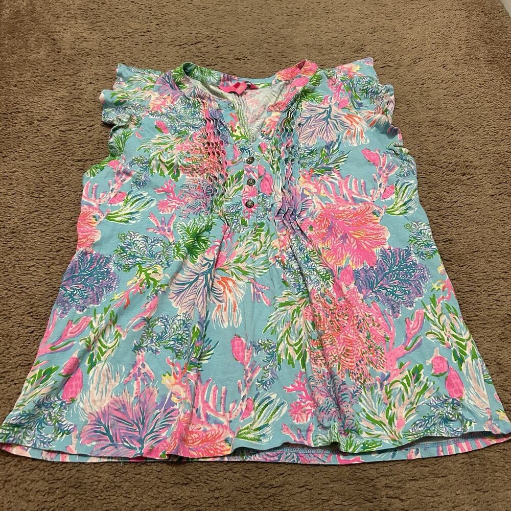 Lilly Pulitzer Golda Top Celestial Blue Cay to My Heart Sleeveless Ruffle M